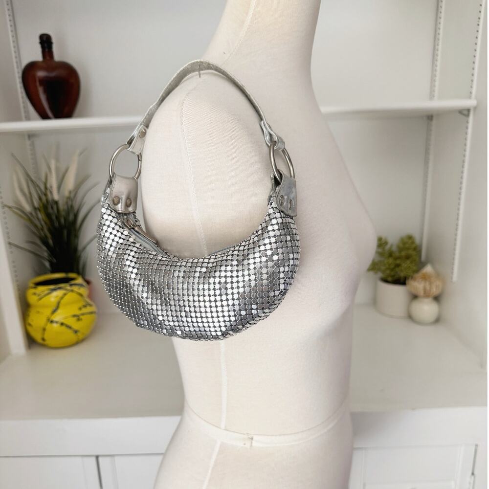 Vintage 90s Y2K Silver Chainmail Metal Mesh Mini Hobo Baguette Shoulder Bag
